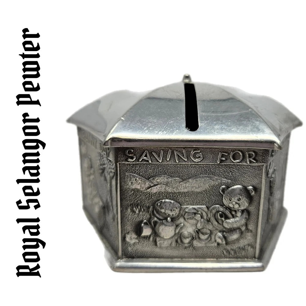 Royal Selangor Pewter Hexagon 3D Teddy Bear Umbrella Savings Bank 3 X 2.5
